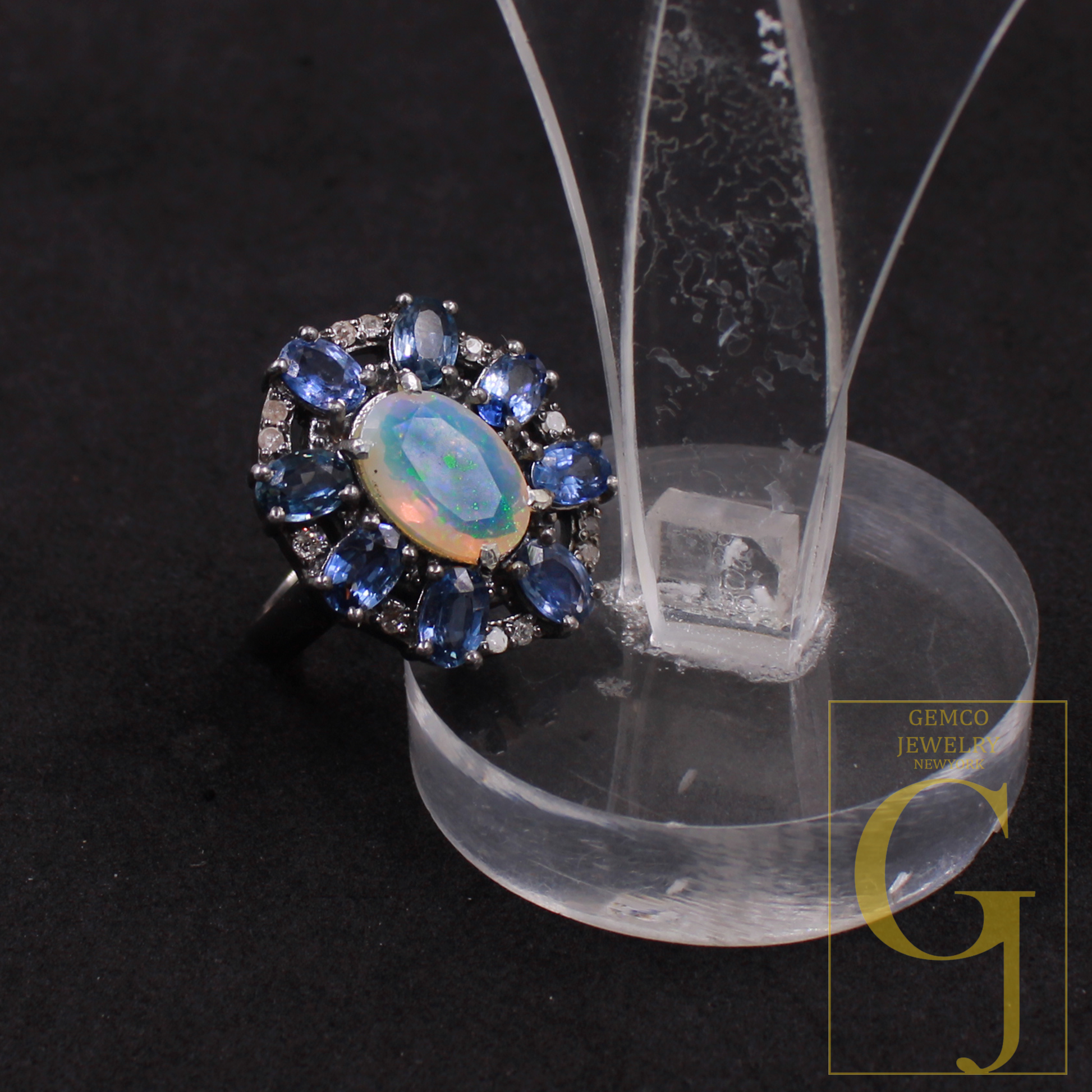 Natural Ethiopian Opal And Blue Sapphire Ring With Pave Diamonds In 925 Sterling Silver, Handmade Finish Diamond Ring