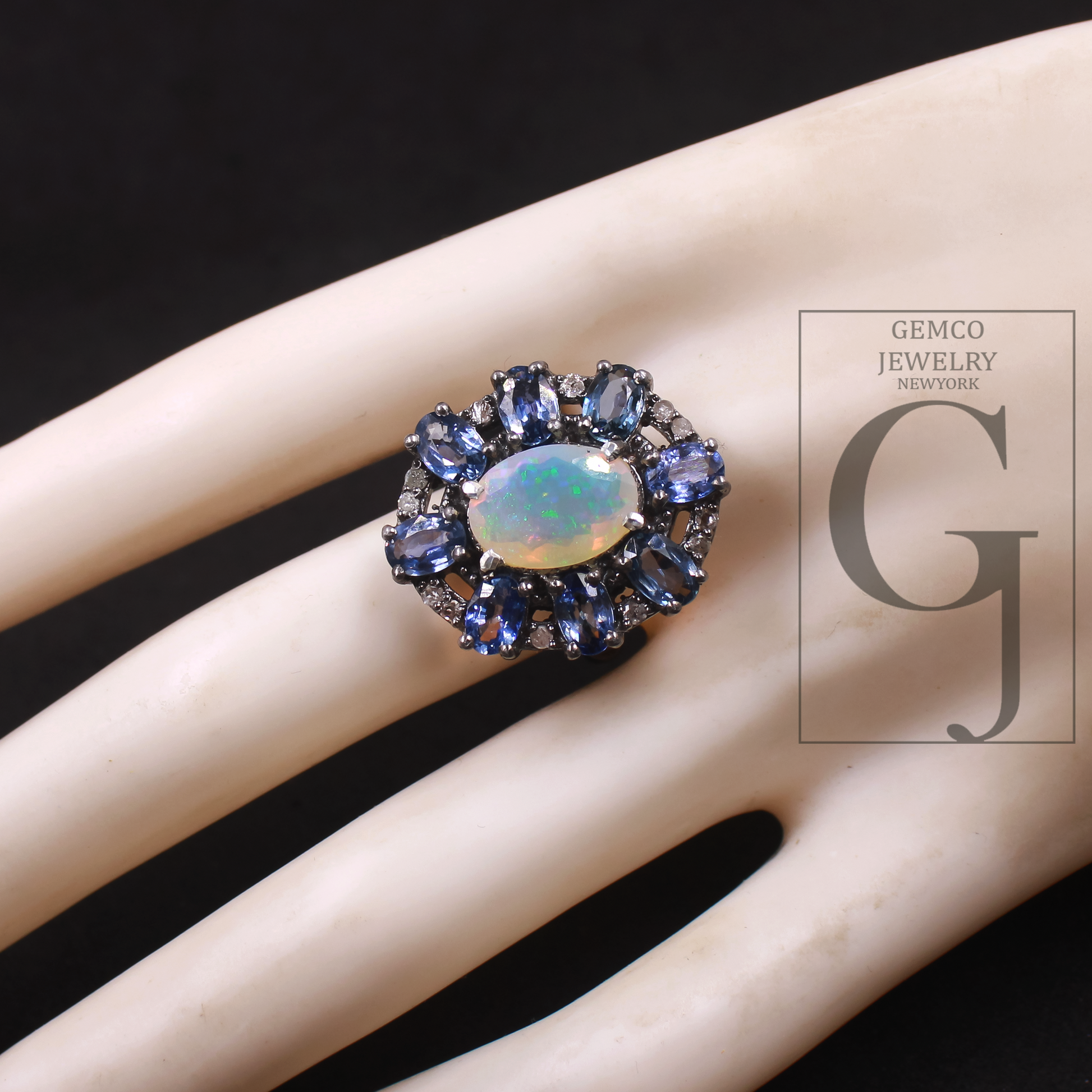 Natural Ethiopian Opal And Blue Sapphire Ring With Pave Diamonds In 925 Sterling Silver, Handmade Finish Diamond Ring