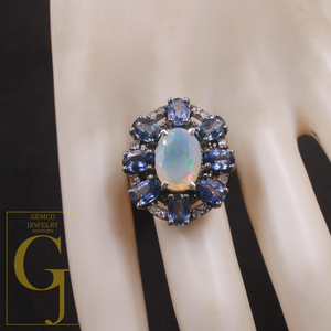 Natural Ethiopian Opal And Blue Sapphire Ring With Pave Diamonds In 925 Sterling Silver, Handmade Finish Diamond Ring