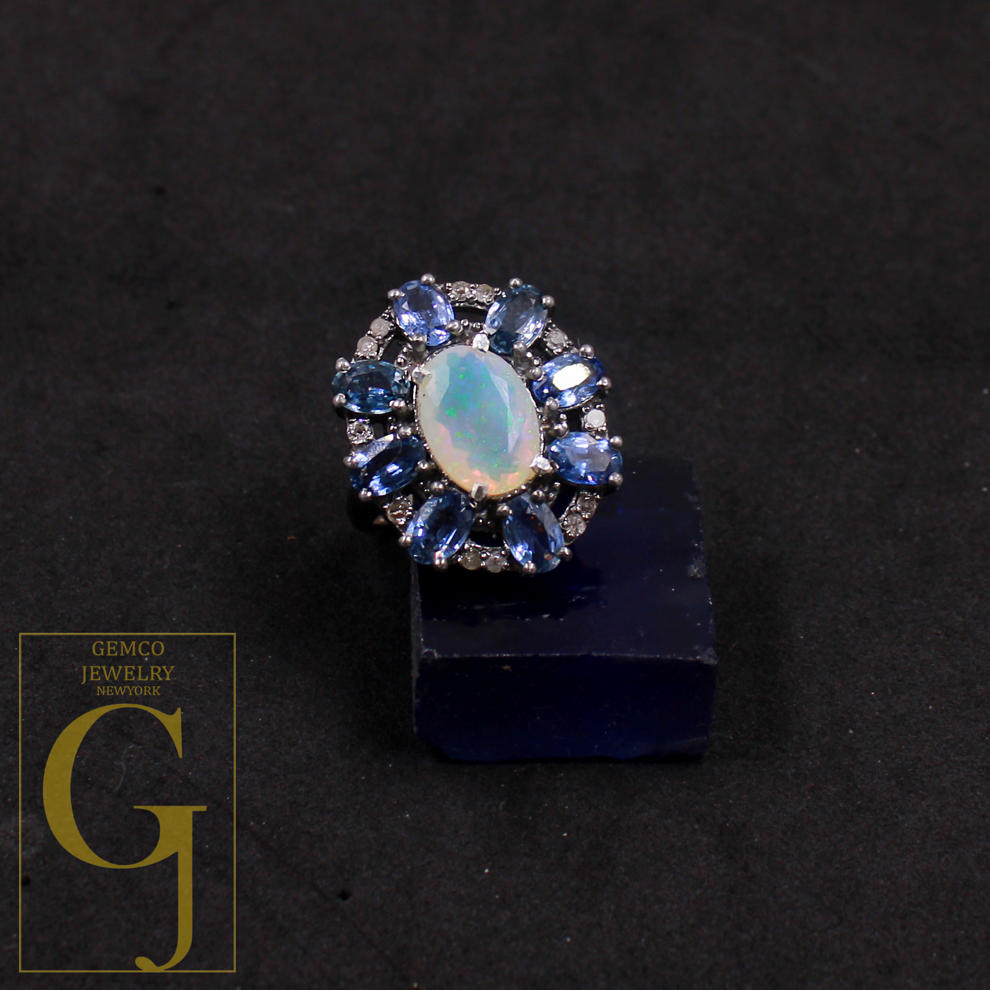 Natural Ethiopian Opal And Blue Sapphire Ring With Pave Diamonds In 925 Sterling Silver, Handmade Finish Diamond Ring