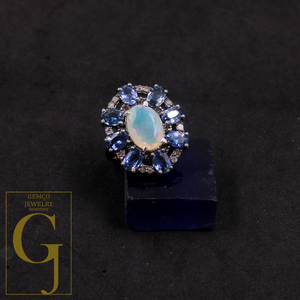 Natural Ethiopian Opal And Blue Sapphire Ring With Pave Diamonds In 925 Sterling Silver, Handmade Finish Diamond Ring