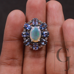 Natural Ethiopian Opal And Blue Sapphire Ring With Pave Diamonds In 925 Sterling Silver, Handmade Finish Diamond Ring