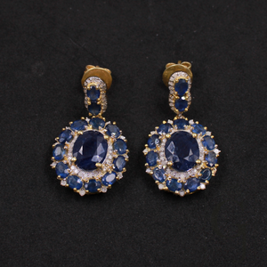 Blue Sapphire Earrings With Rosecut Pave Diamonds In 925 Sterling Silver Handmade Finish Wedding Jewelry