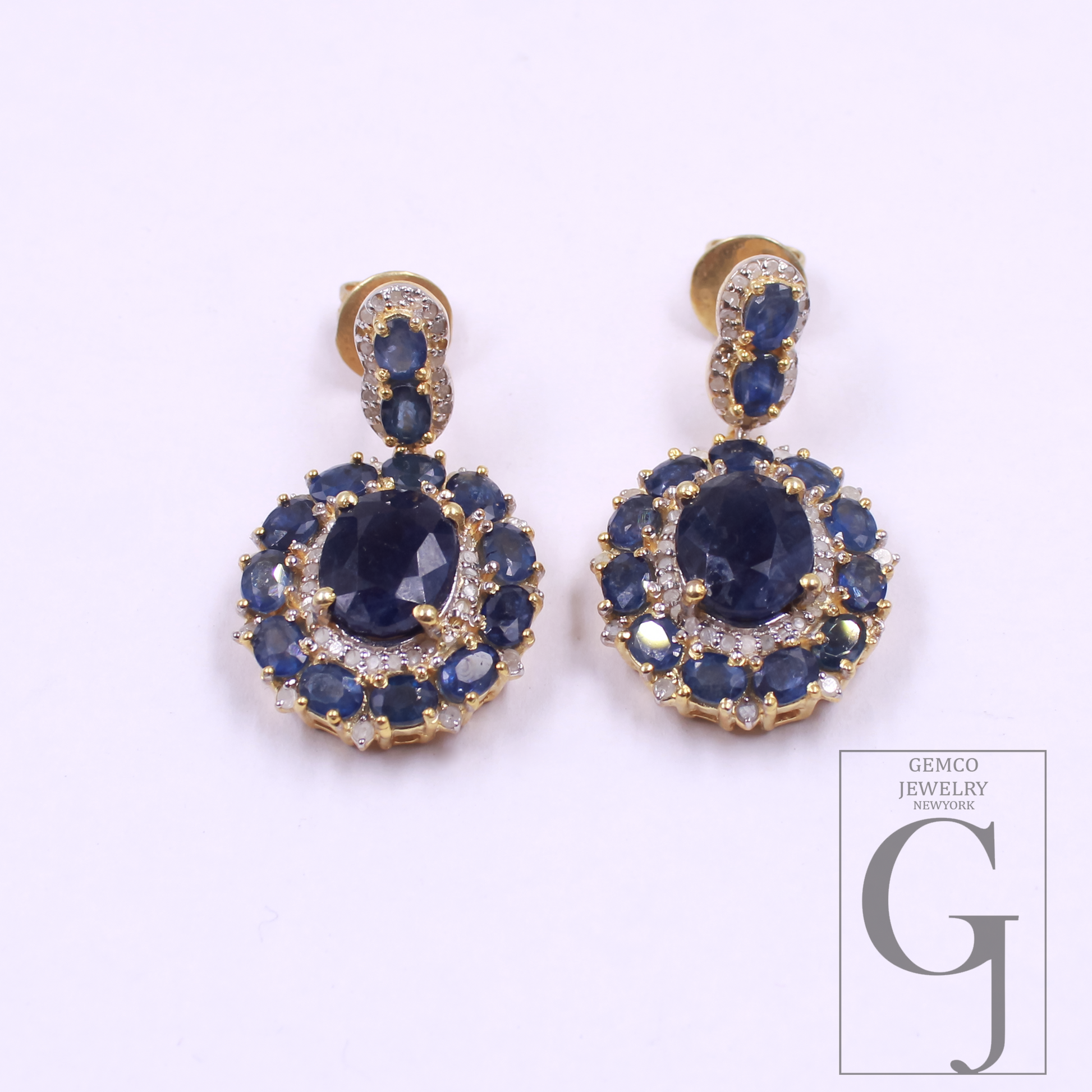 Blue Sapphire Earrings With Rosecut Pave Diamonds In 925 Sterling Silver Handmade Finish Wedding Jewelry