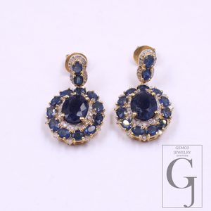 Blue Sapphire Earrings With Rosecut Pave Diamonds In 925 Sterling Silver Handmade Finish Wedding Jewelry