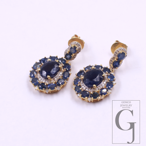Blue Sapphire Earrings With Rosecut Pave Diamonds In 925 Sterling Silver Handmade Finish Wedding Jewelry