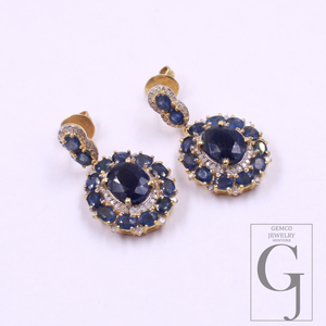 Blue Sapphire Earrings With Rosecut Pave Diamonds In 925 Sterling Silver Handmade Finish Wedding Jewelry