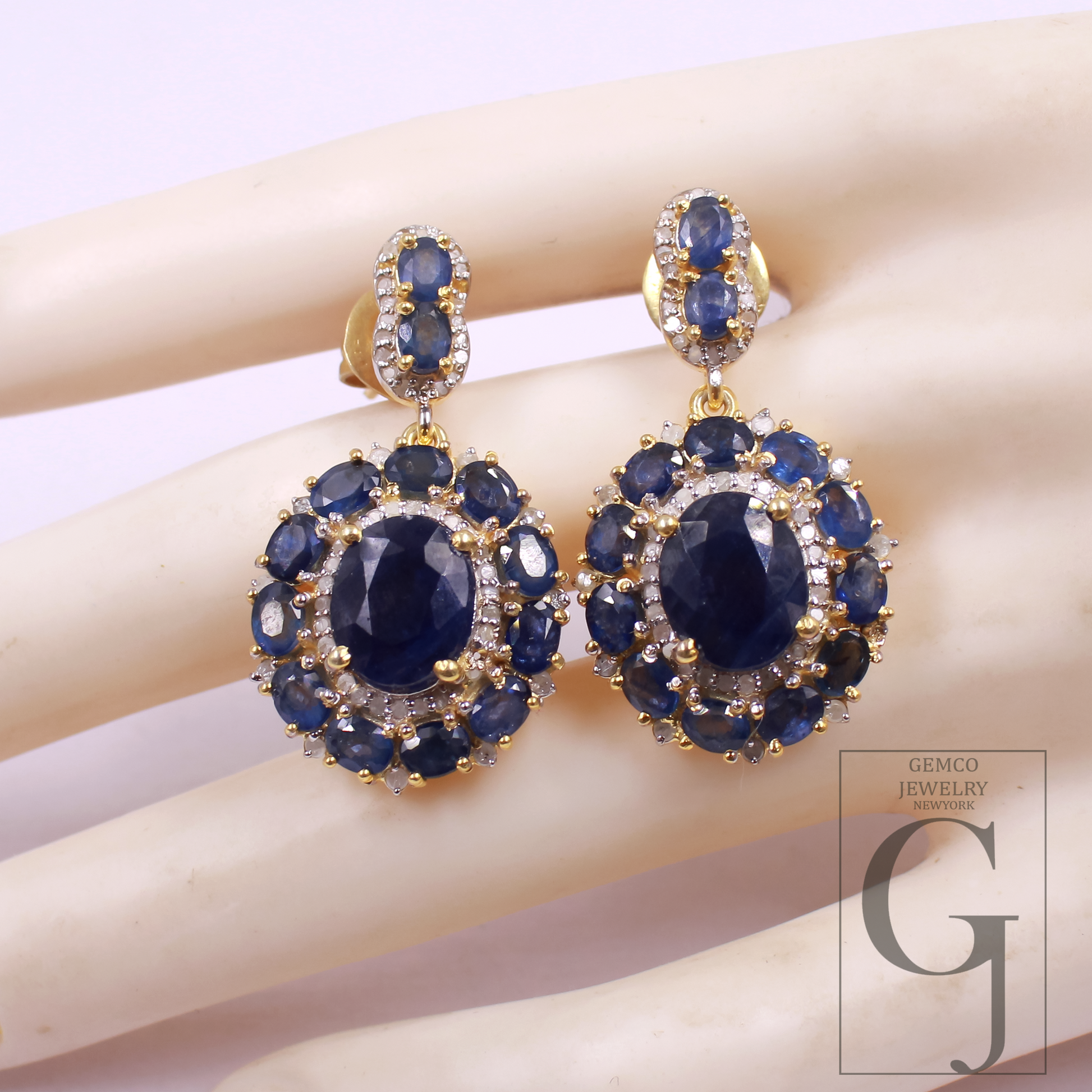 Blue Sapphire Earrings With Rosecut Pave Diamonds In 925 Sterling Silver Handmade Finish Wedding Jewelry