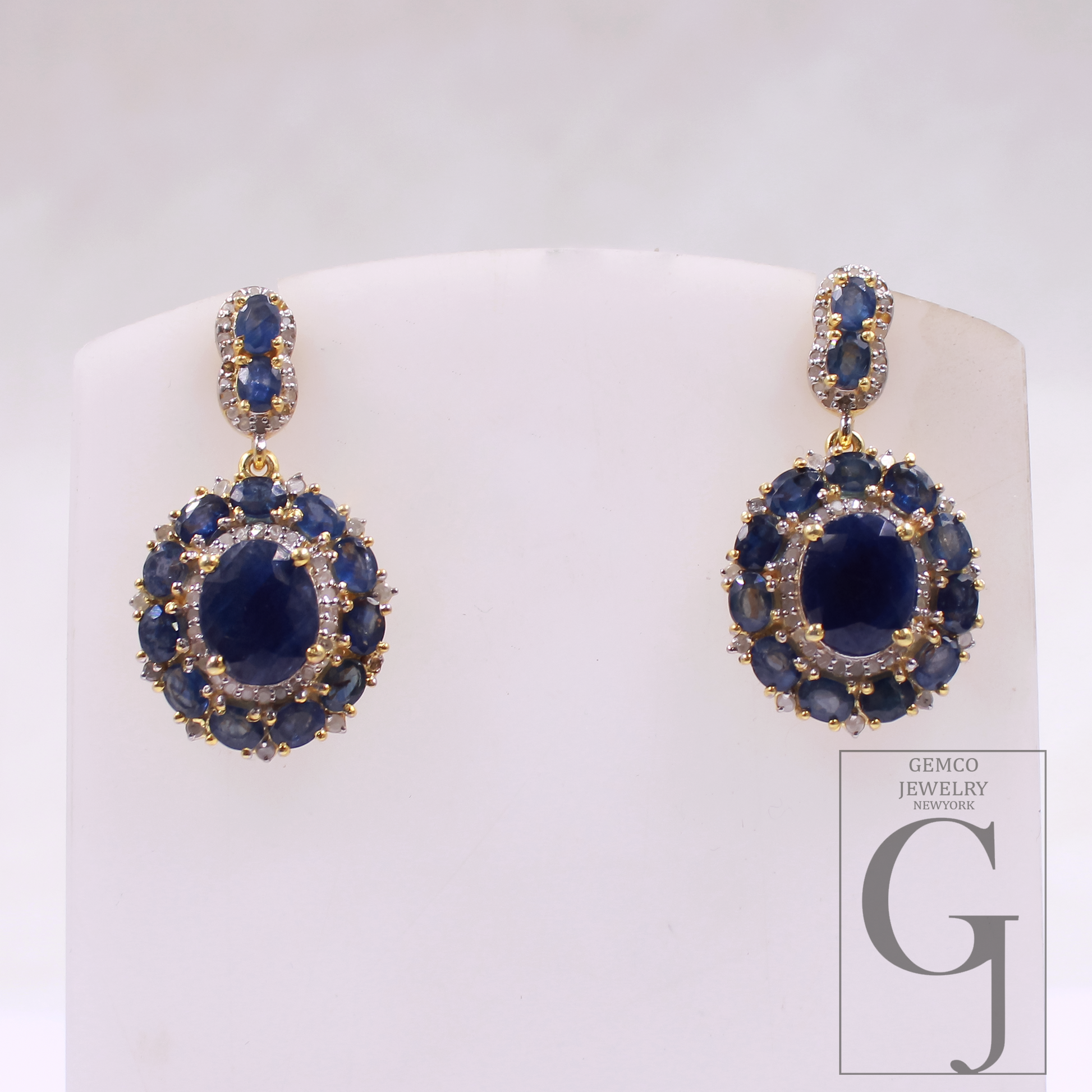 Blue Sapphire Earrings With Rosecut Pave Diamonds In 925 Sterling Silver Handmade Finish Wedding Jewelry
