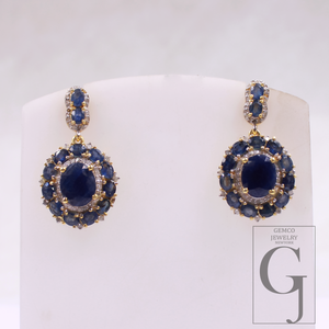 Blue Sapphire Earrings With Rosecut Pave Diamonds In 925 Sterling Silver Handmade Finish Wedding Jewelry