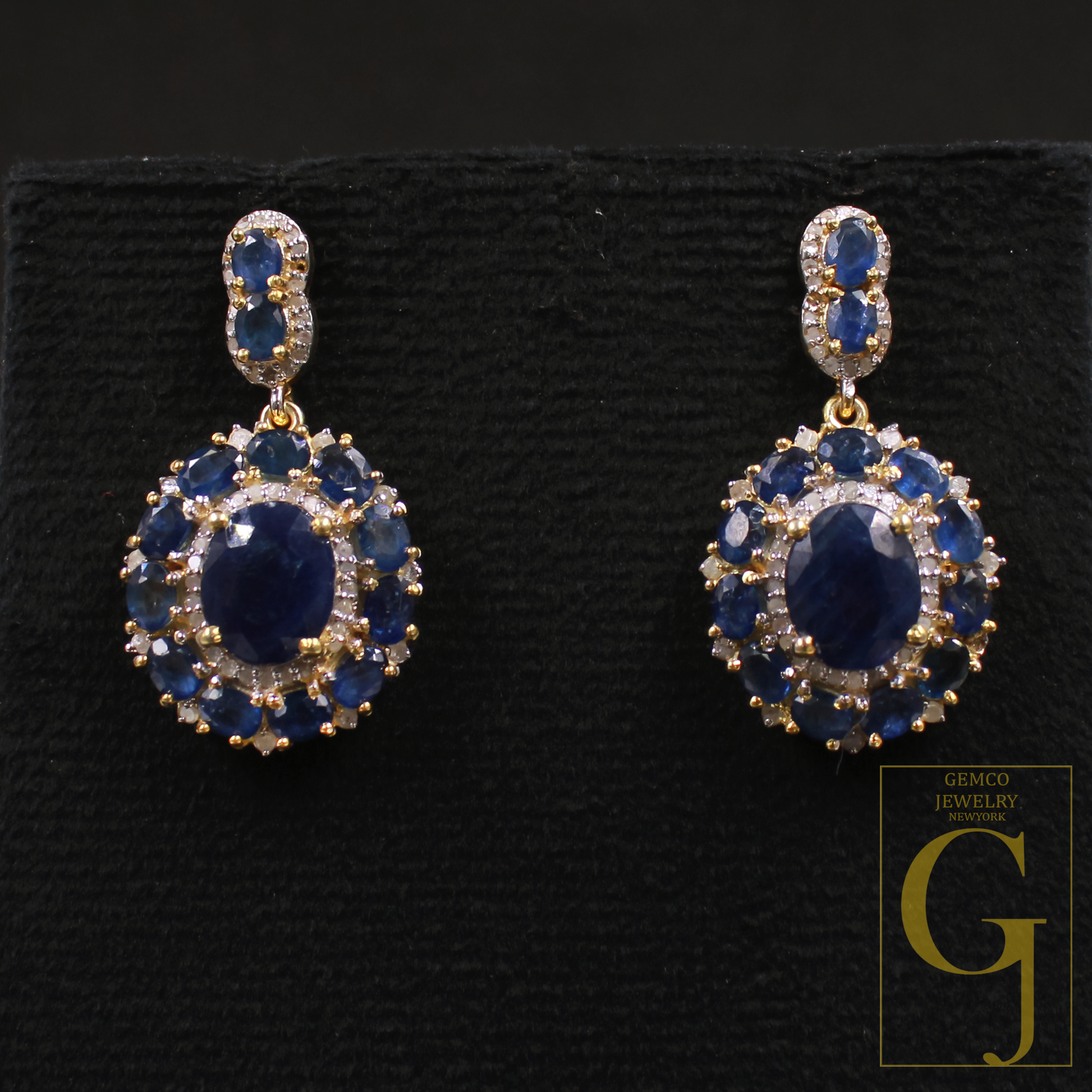 Blue Sapphire Earrings With Rosecut Pave Diamonds In 925 Sterling Silver Handmade Finish Wedding Jewelry