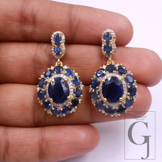Blue Sapphire Earrings With Rosecut Pave Diamonds In 925 Sterling Silver Handmade Finish Wedding Jewelry