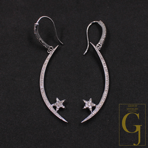 Silver hoop earrings with star designs on a black background, featuring Gemco Jewelry logo.
