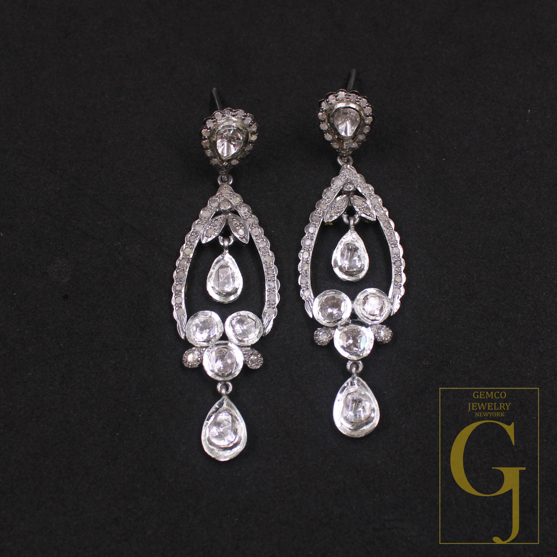 Natural Polki Drop Earrings With Pave Diamonds In 925 Sterling Silver Handmade Finish Jewelry For Wedding