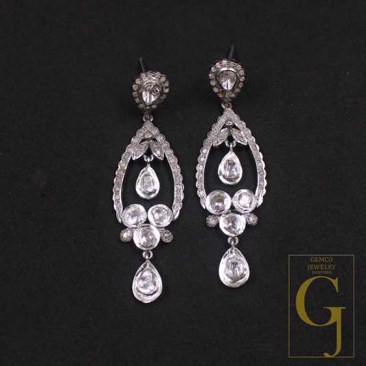 Natural Polki Drop Earrings With Pave Diamonds In 925 Sterling Silver Handmade Finish Jewelry For Wedding
