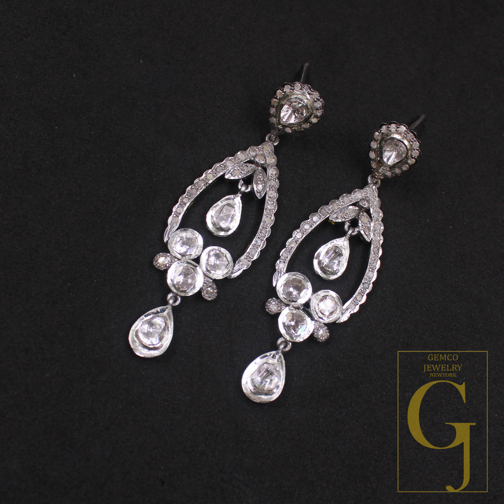 Natural Polki Drop Earrings With Pave Diamonds In 925 Sterling Silver Handmade Finish Jewelry For Wedding