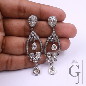 Natural Polki Drop Earrings With Pave Diamonds In 925 Sterling Silver Handmade Finish Jewelry For Wedding