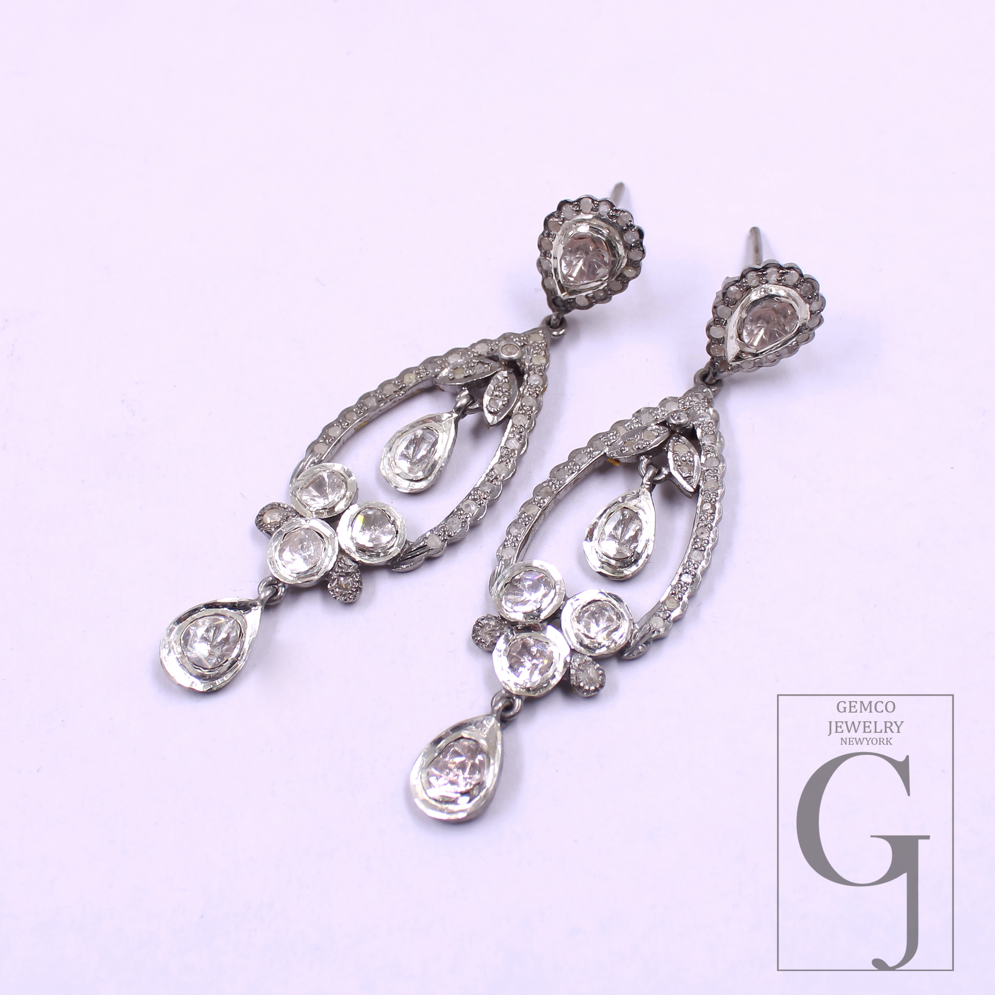 Natural Polki Drop Earrings With Pave Diamonds In 925 Sterling Silver Handmade Finish Jewelry For Wedding