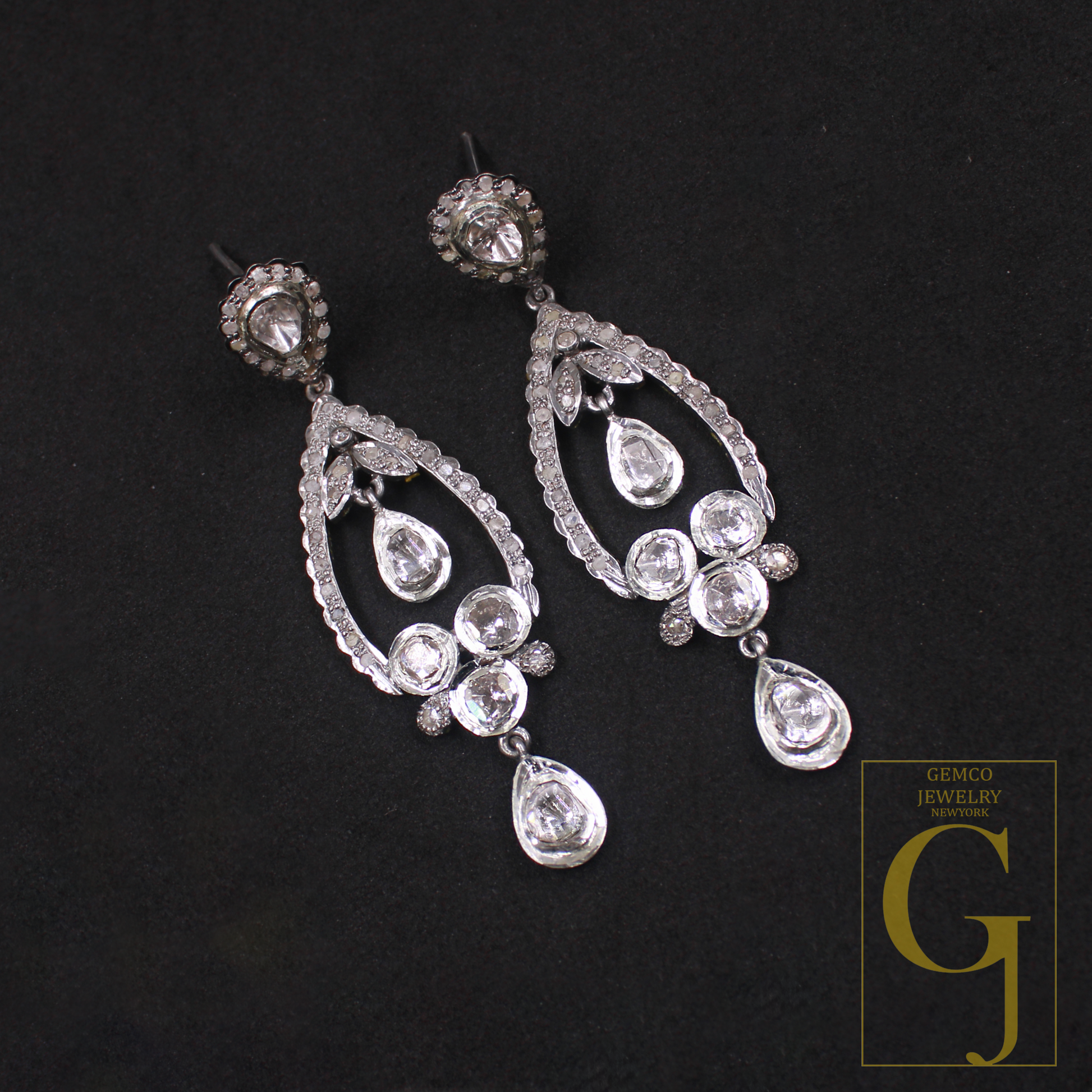 Natural Polki Drop Earrings With Pave Diamonds In 925 Sterling Silver Handmade Finish Jewelry For Wedding