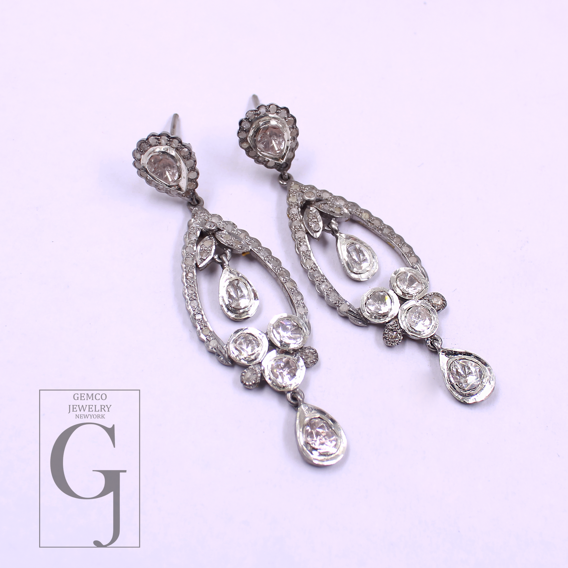 Natural Polki Drop Earrings With Pave Diamonds In 925 Sterling Silver Handmade Finish Jewelry For Wedding