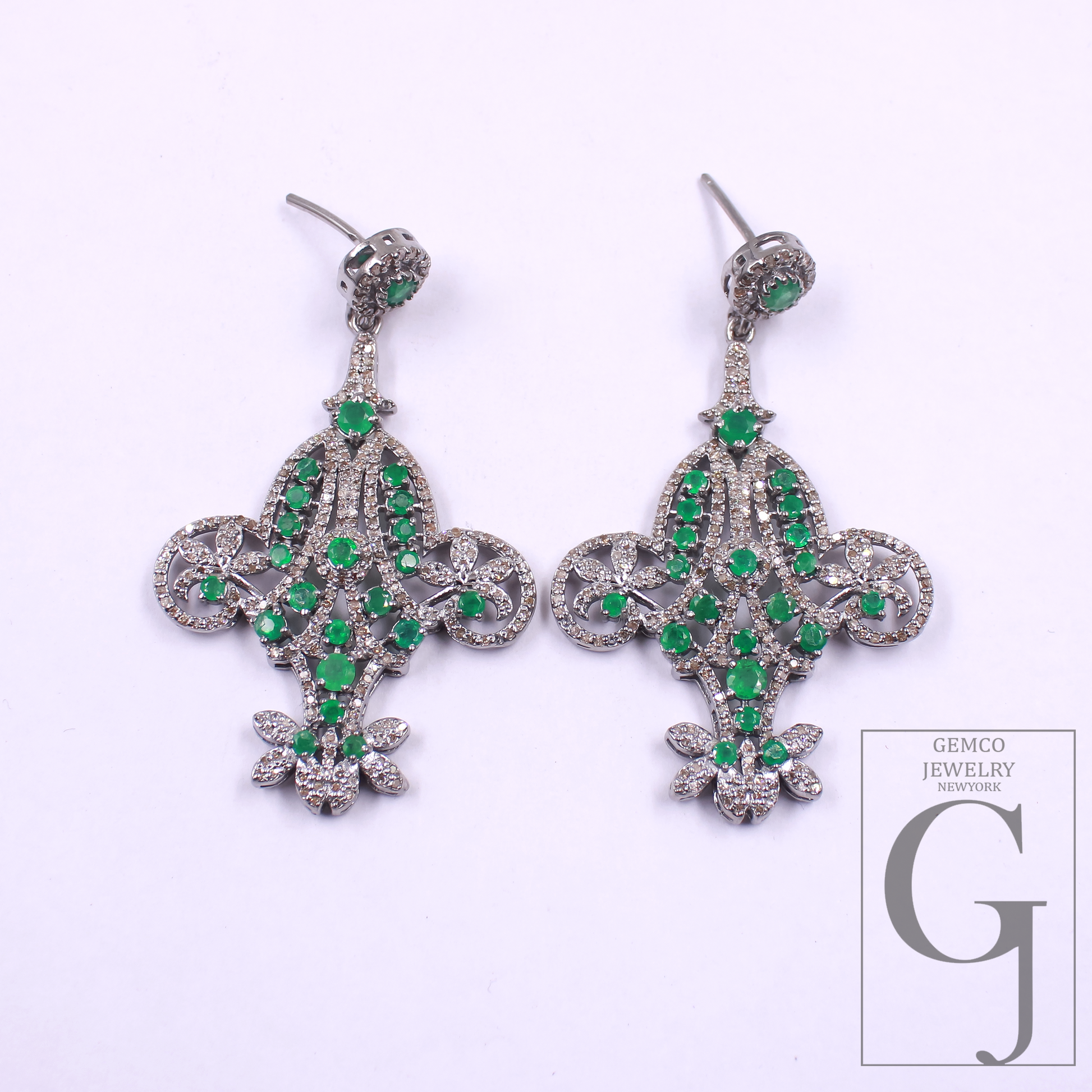 Natural Emerald Earrings With Pave Diamonds - 925 Sterling Silver Handmade Finish Earrings Gift For Her