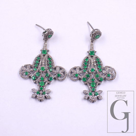 Natural Emerald Earrings With Pave Diamonds - 925 Sterling Silver Handmade Finish Earrings Gift For Her
