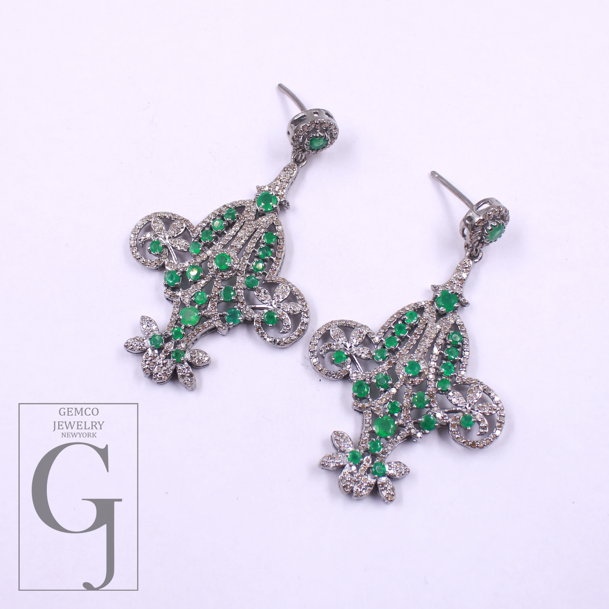 Natural Emerald Earrings With Pave Diamonds - 925 Sterling Silver Handmade Finish Earrings Gift For Her