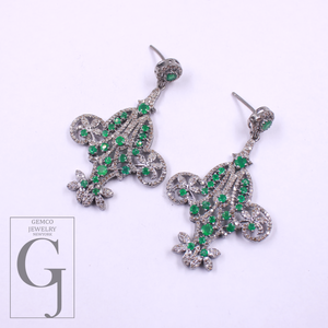 Natural Emerald Earrings With Pave Diamonds - 925 Sterling Silver Handmade Finish Earrings Gift For Her