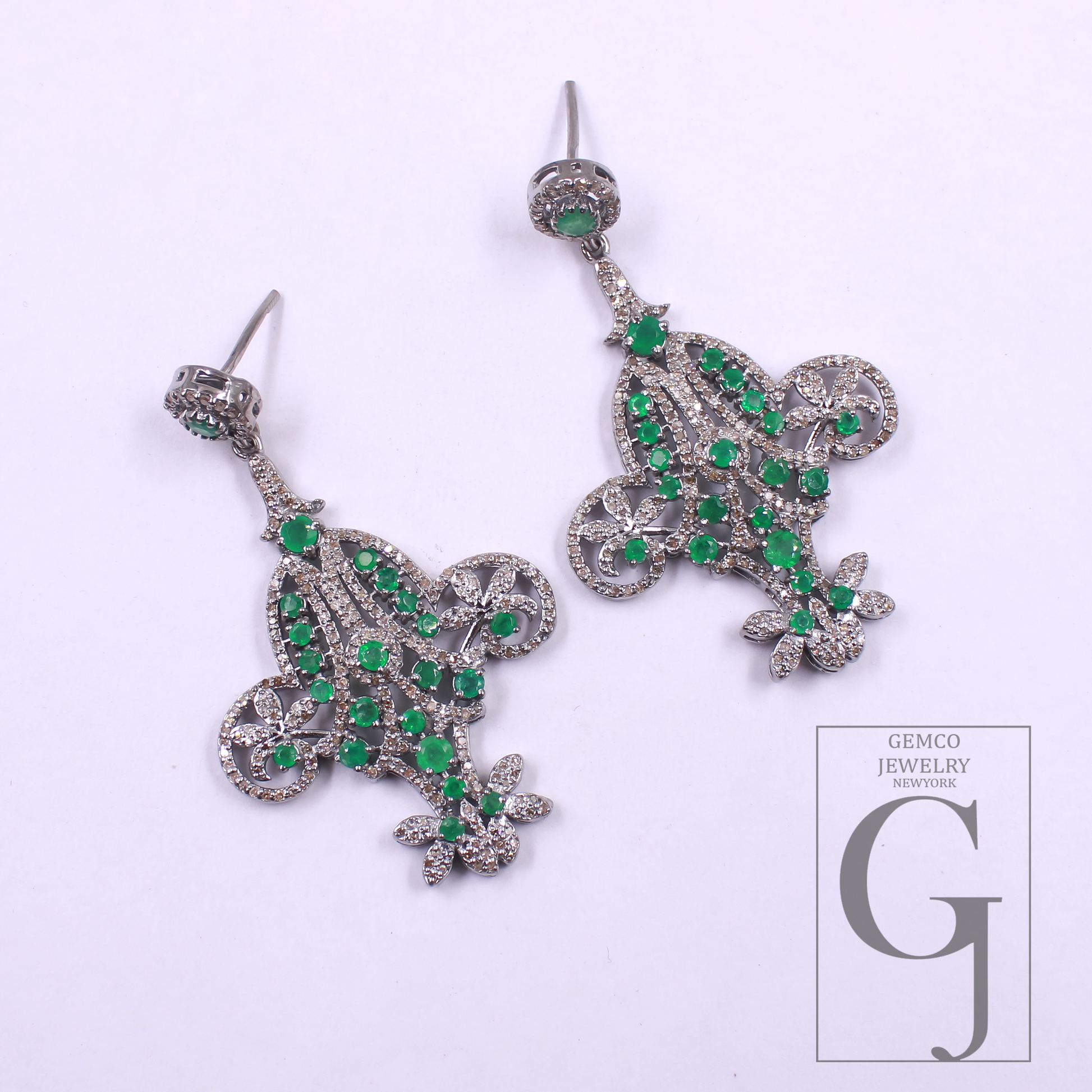 Natural Emerald Earrings With Pave Diamonds - 925 Sterling Silver Handmade Finish Earrings Gift For Her