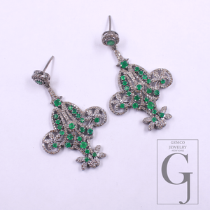 Natural Emerald Earrings With Pave Diamonds - 925 Sterling Silver Handmade Finish Earrings Gift For Her