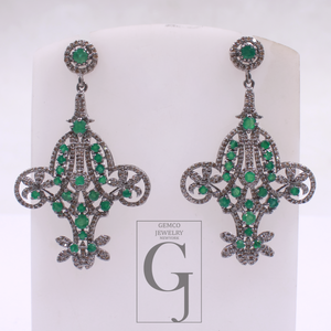 Natural Emerald Earrings With Pave Diamonds - 925 Sterling Silver Handmade Finish Earrings Gift For Her