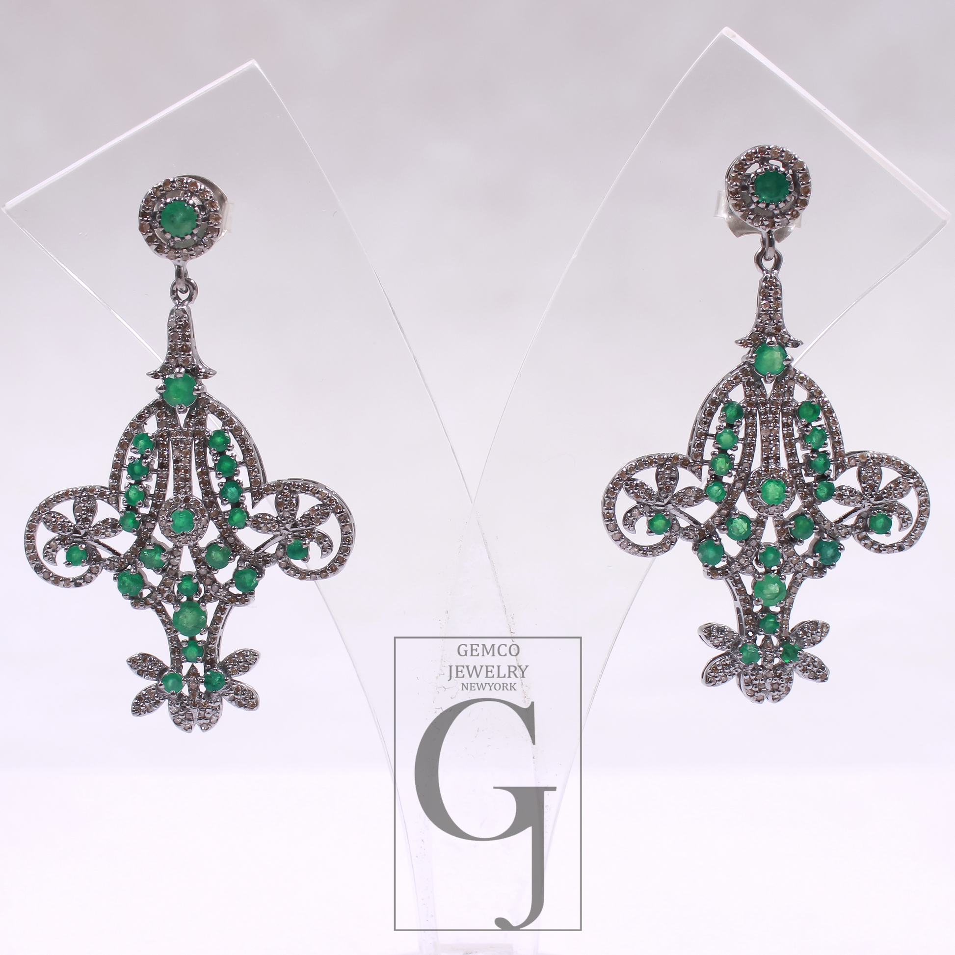 Natural Emerald Earrings With Pave Diamonds - 925 Sterling Silver Handmade Finish Earrings Gift For Her