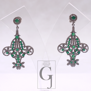 Natural Emerald Earrings With Pave Diamonds - 925 Sterling Silver Handmade Finish Earrings Gift For Her