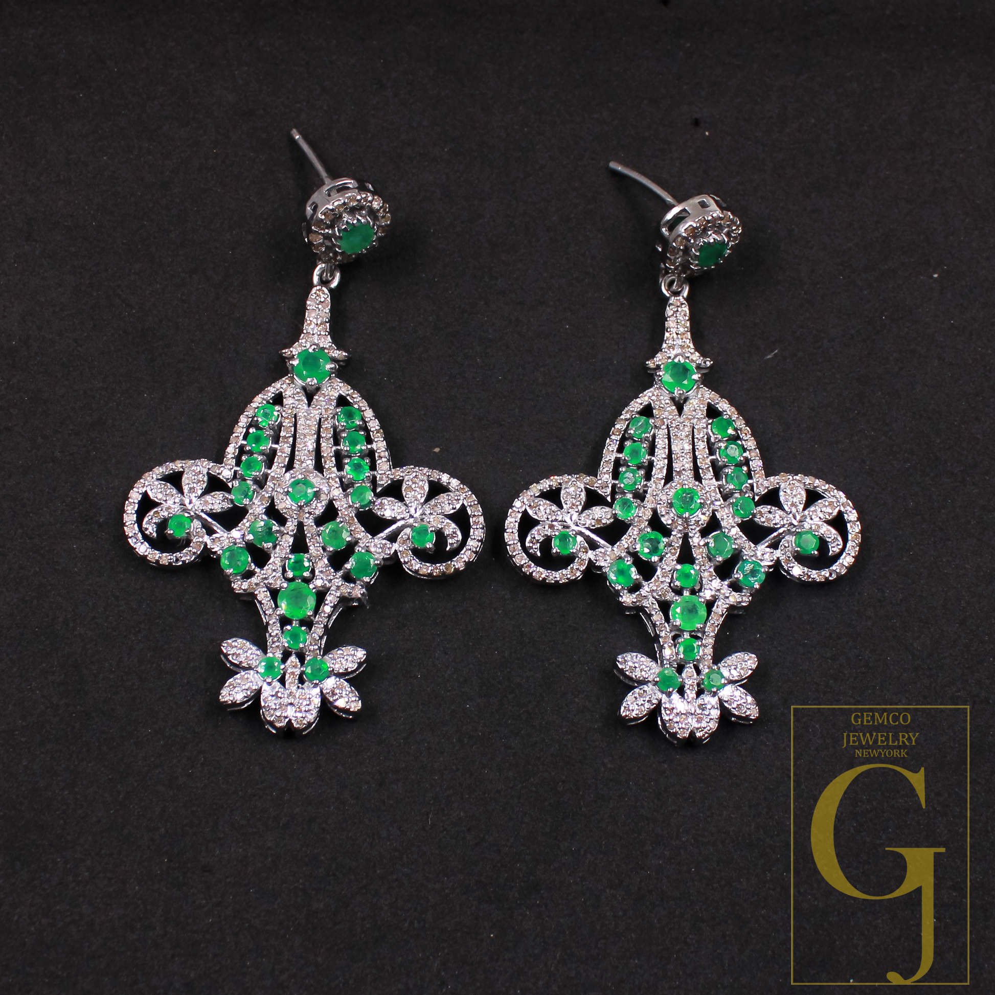 Natural Emerald Earrings With Pave Diamonds - 925 Sterling Silver Handmade Finish Earrings Gift For Her