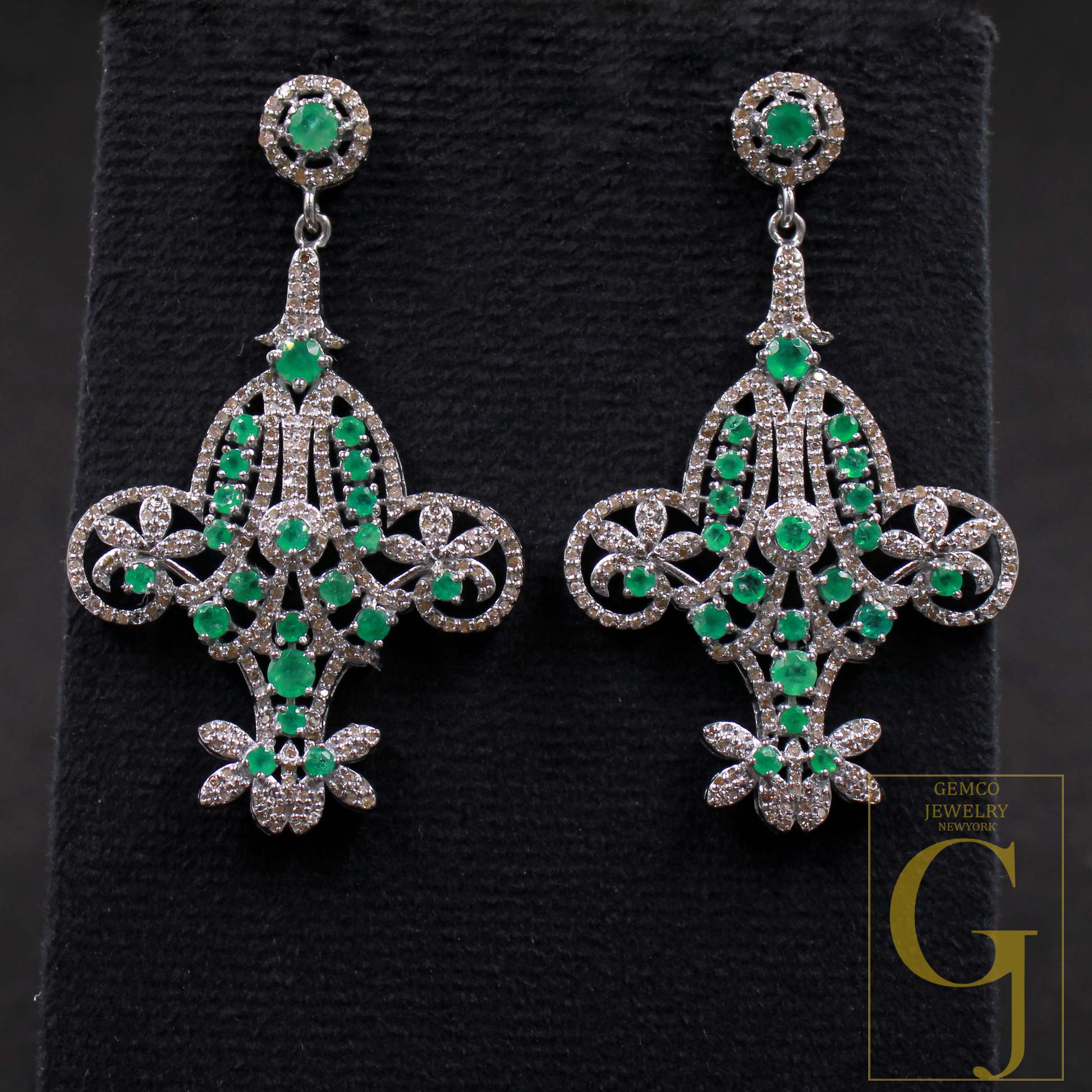 Natural Emerald Earrings With Pave Diamonds - 925 Sterling Silver Handmade Finish Earrings Gift For Her