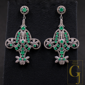 Natural Emerald Earrings With Pave Diamonds - 925 Sterling Silver Handmade Finish Earrings Gift For Her