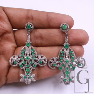 Natural Emerald Earrings With Pave Diamonds - 925 Sterling Silver Handmade Finish Earrings Gift For Her