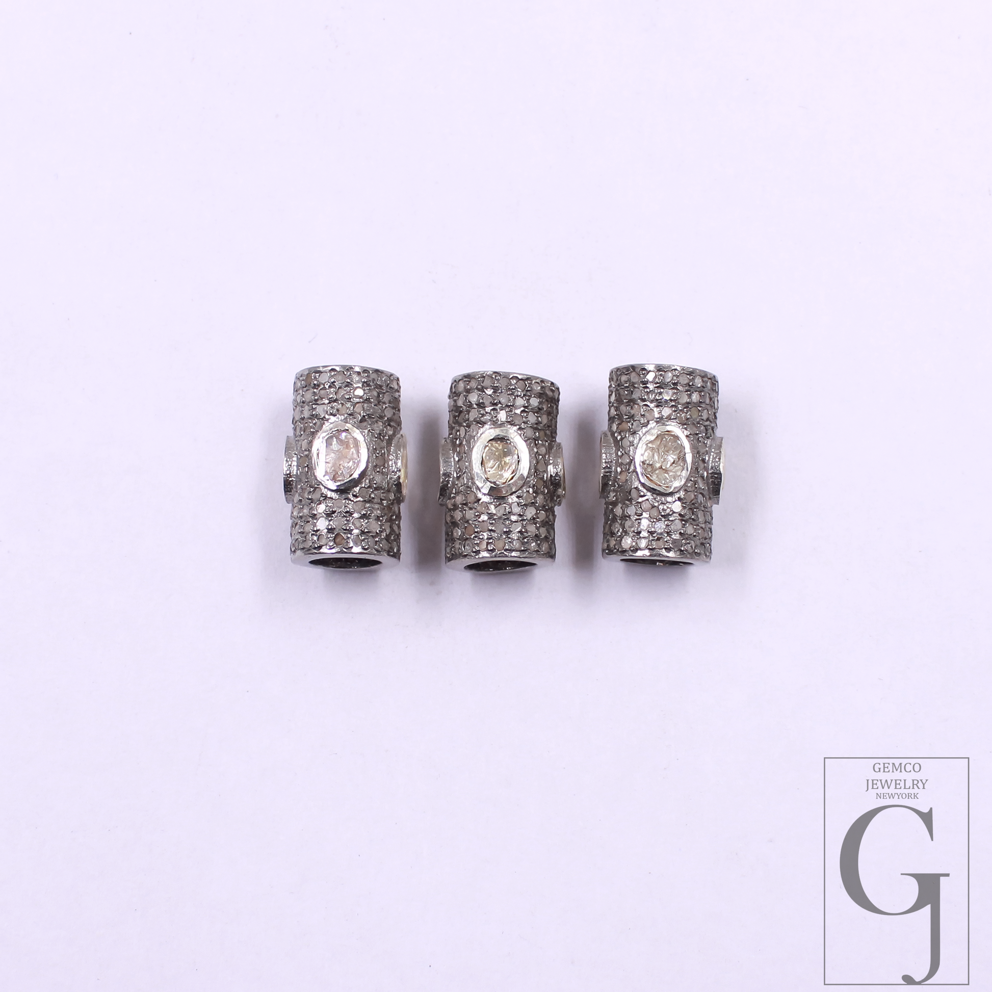 Natural Polki Pipe Bead With Pave Diamonds, Spacers 925 Sterling Silver Handmade Finish Beads For Jewelry Supplies