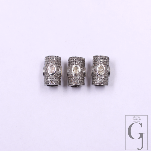 Natural Polki Pipe Bead With Pave Diamonds, Spacers 925 Sterling Silver Handmade Finish Beads For Jewelry Supplies