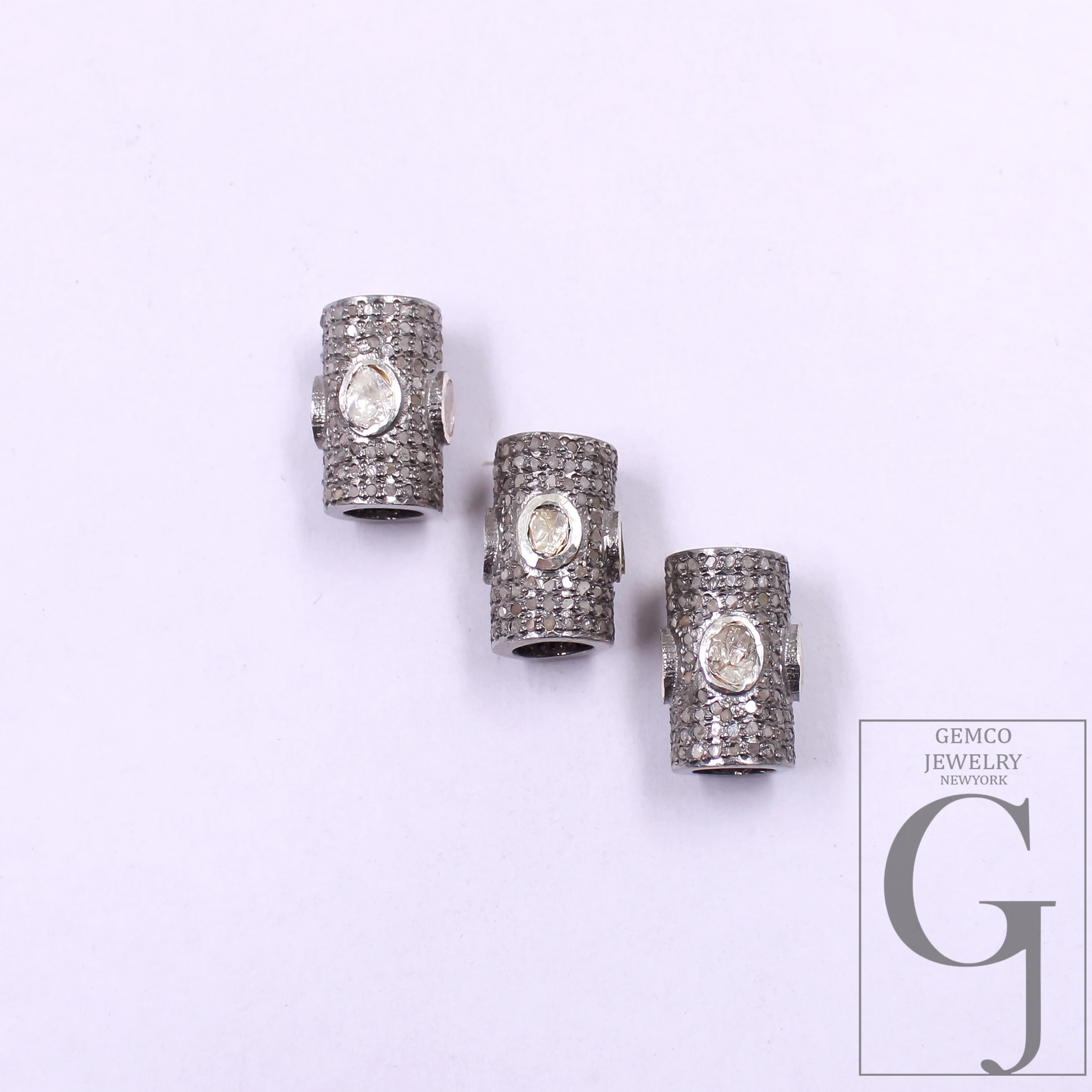 Natural Polki Pipe Bead With Pave Diamonds, Spacers 925 Sterling Silver Handmade Finish Beads For Jewelry Supplies