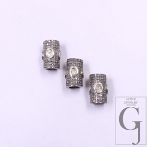 Natural Polki Pipe Bead With Pave Diamonds, Spacers 925 Sterling Silver Handmade Finish Beads For Jewelry Supplies