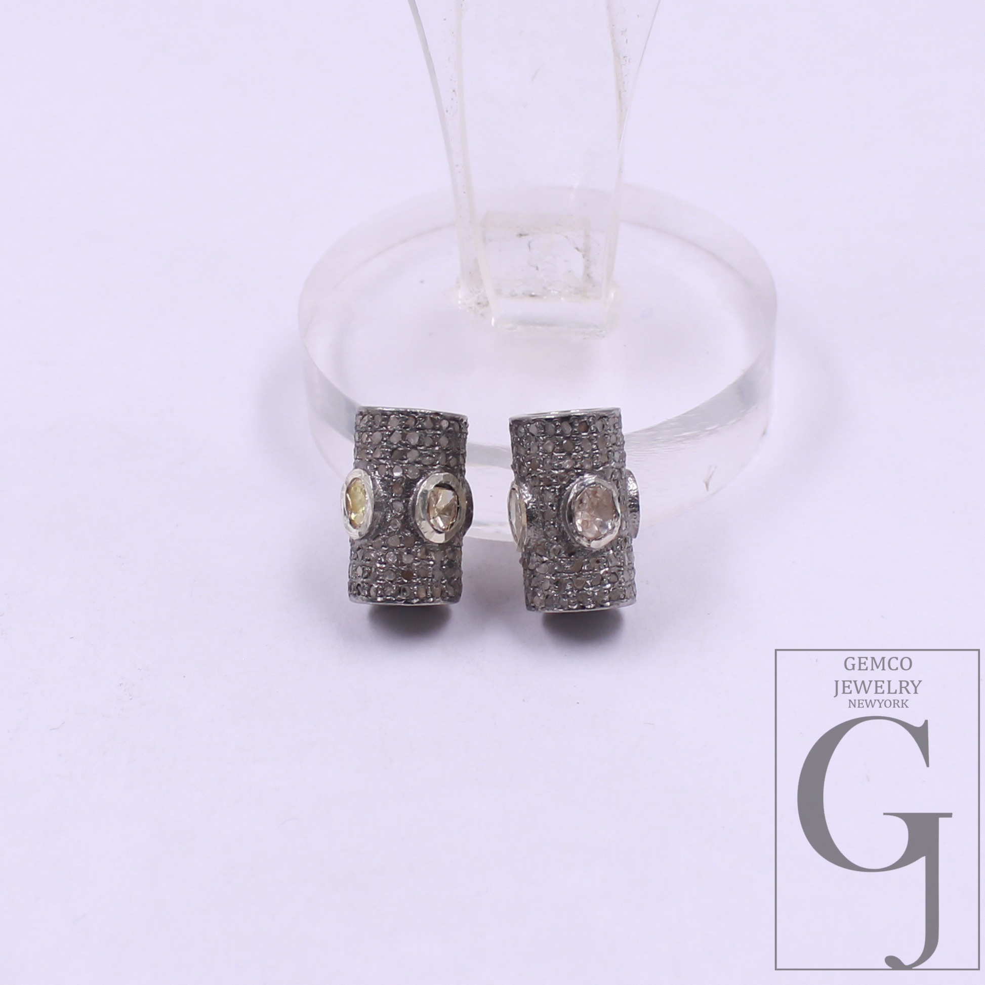 Natural Polki Pipe Bead With Pave Diamonds, Spacers 925 Sterling Silver Handmade Finish Beads For Jewelry Supplies