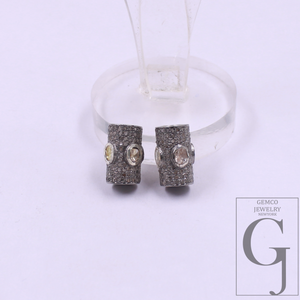 Natural Polki Pipe Bead With Pave Diamonds, Spacers 925 Sterling Silver Handmade Finish Beads For Jewelry Supplies