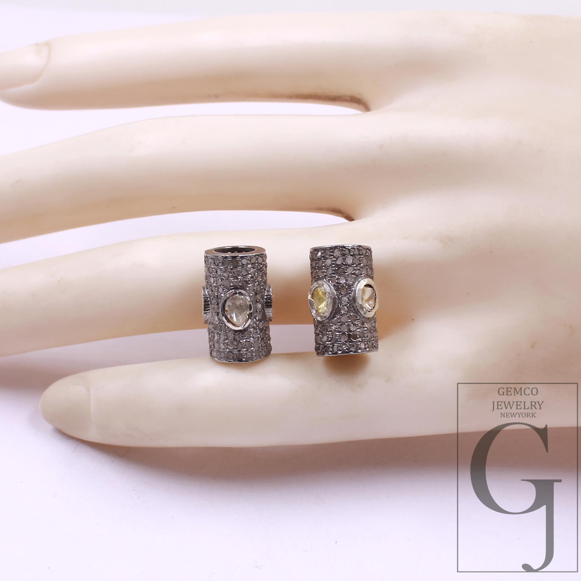 Natural Polki Pipe Bead With Pave Diamonds, Spacers 925 Sterling Silver Handmade Finish Beads For Jewelry Supplies