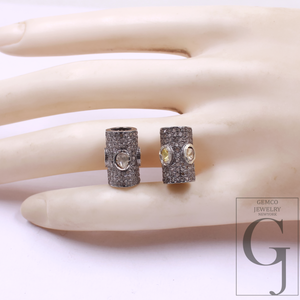 Natural Polki Pipe Bead With Pave Diamonds, Spacers 925 Sterling Silver Handmade Finish Beads For Jewelry Supplies