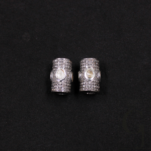 Natural Polki Pipe Bead With Pave Diamonds, Spacers 925 Sterling Silver Handmade Finish Beads For Jewelry Supplies