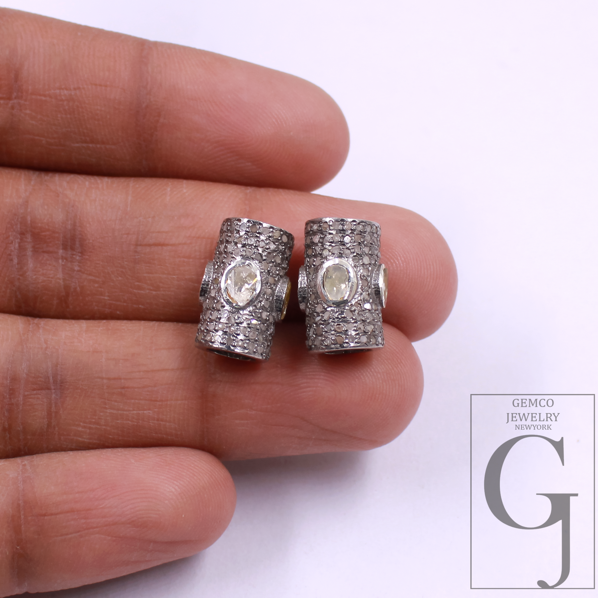 Natural Polki Pipe Bead With Pave Diamonds, Spacers 925 Sterling Silver Handmade Finish Beads For Jewelry Supplies