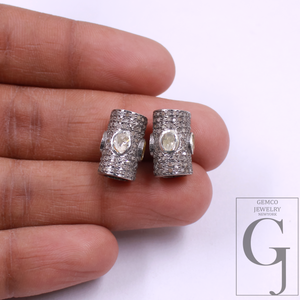 Natural Polki Pipe Bead With Pave Diamonds, Spacers 925 Sterling Silver Handmade Finish Beads For Jewelry Supplies