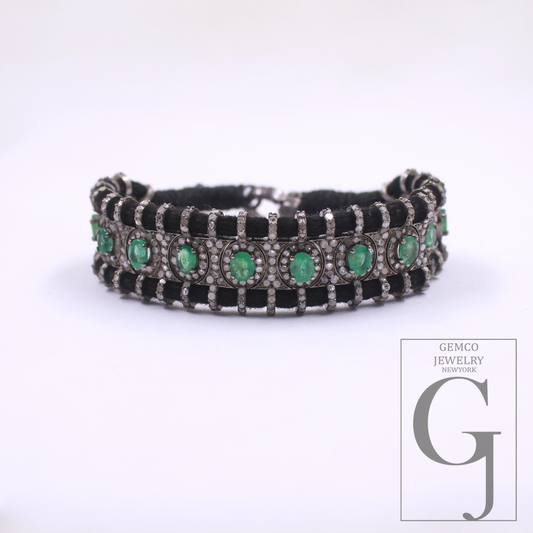 Natural Emerald With Pave Diamonds Thread Bracelet Handmade Finish Thread Jewelry Everyday Wear