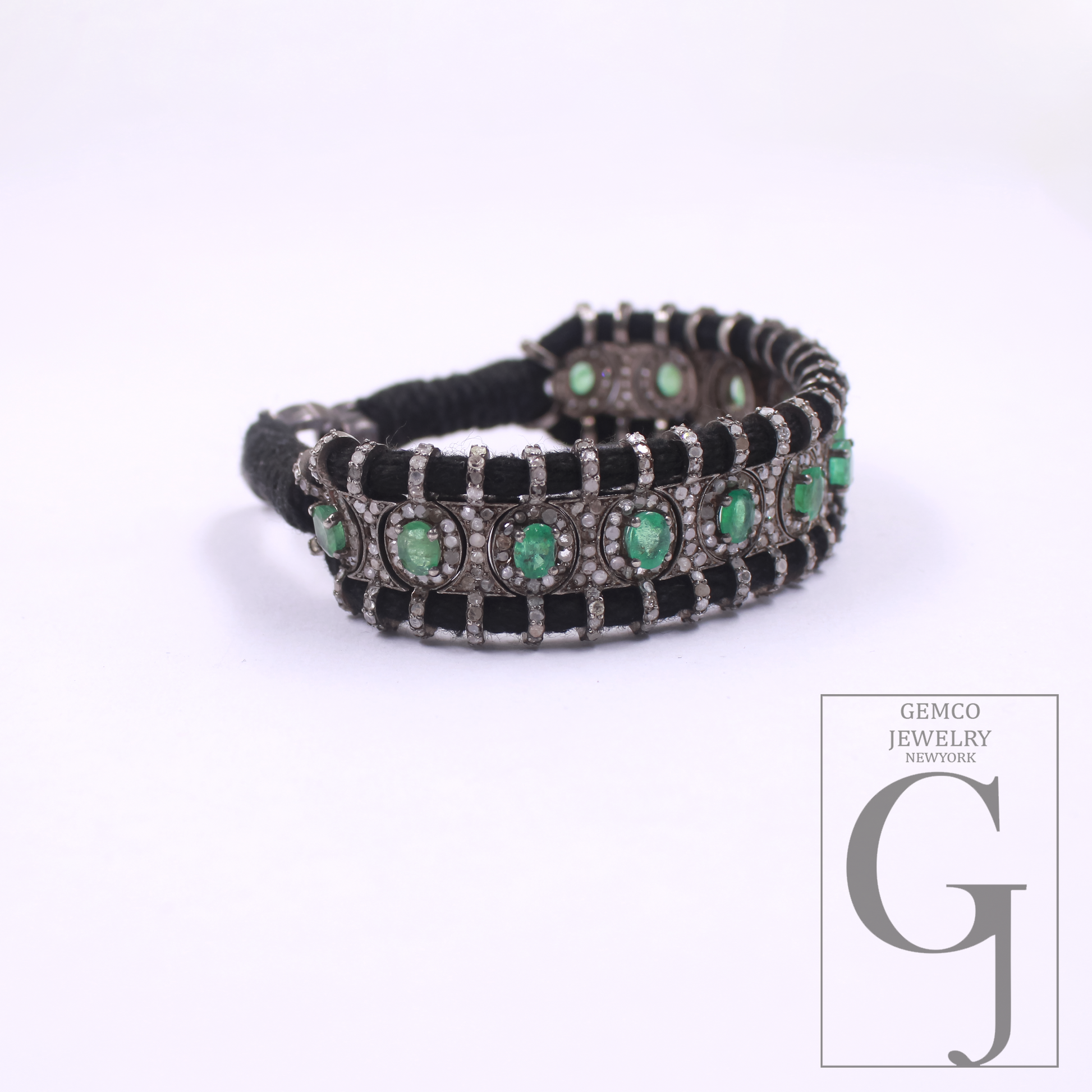 Natural Emerald With Pave Diamonds Thread Bracelet Handmade Finish Thread Jewelry Everyday Wear